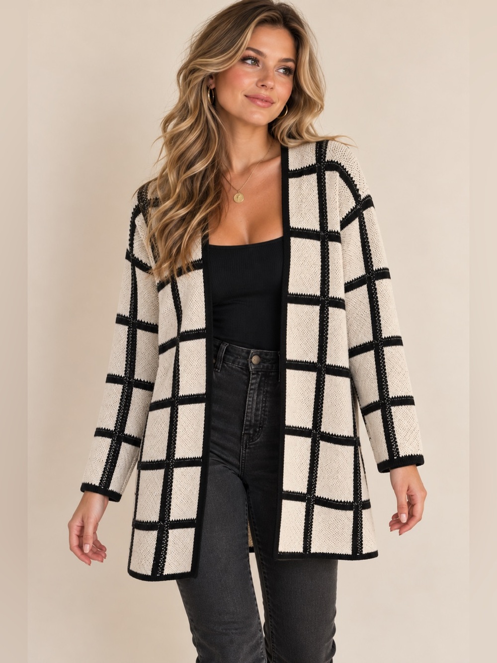 Pendleton L Cotton Long Cardigan Black Ivory Windowpane Plaid Duster Sweater